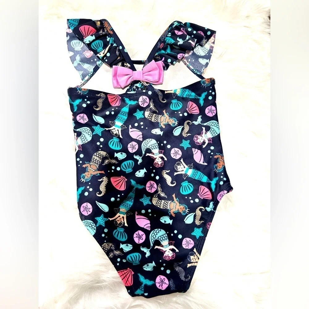 CAT & JACK BATHING SUIT | NAVY BLUE BACKGROUND WITH MERMAIDS & SHELLS